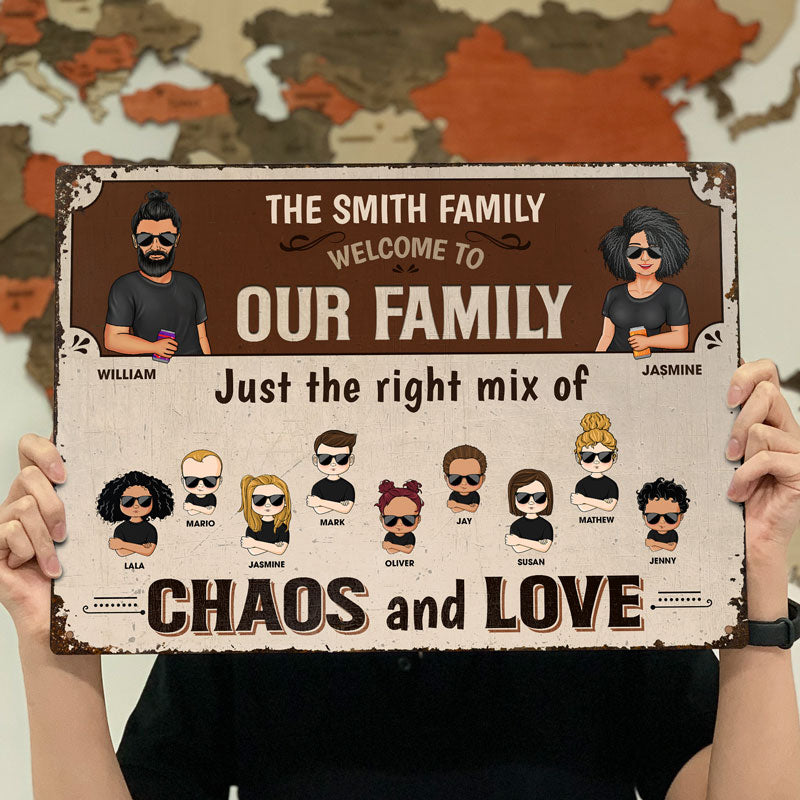 Family Just The Right Mix Of Chaos And Love Couple - Backyard Sign - Personalized Custom Classic Metal Signs