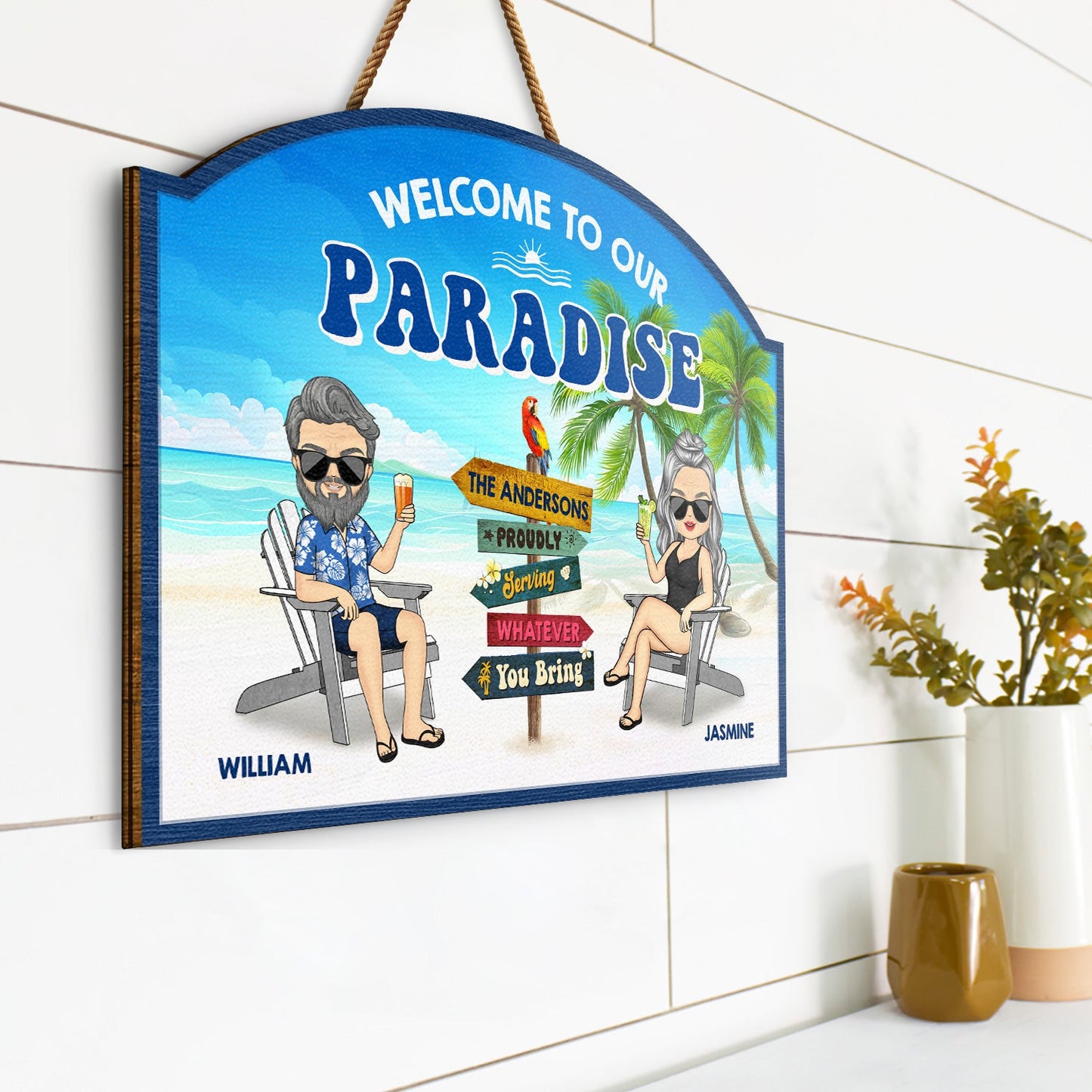 Chibi Welcome To Paradise - Gift For Couples - Personalized Custom Shaped Wood Sign