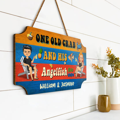 Couple Old Crab & His Angel Fish Live Here - Gift For Couple - Personalized Custom Shaped Wood Sign