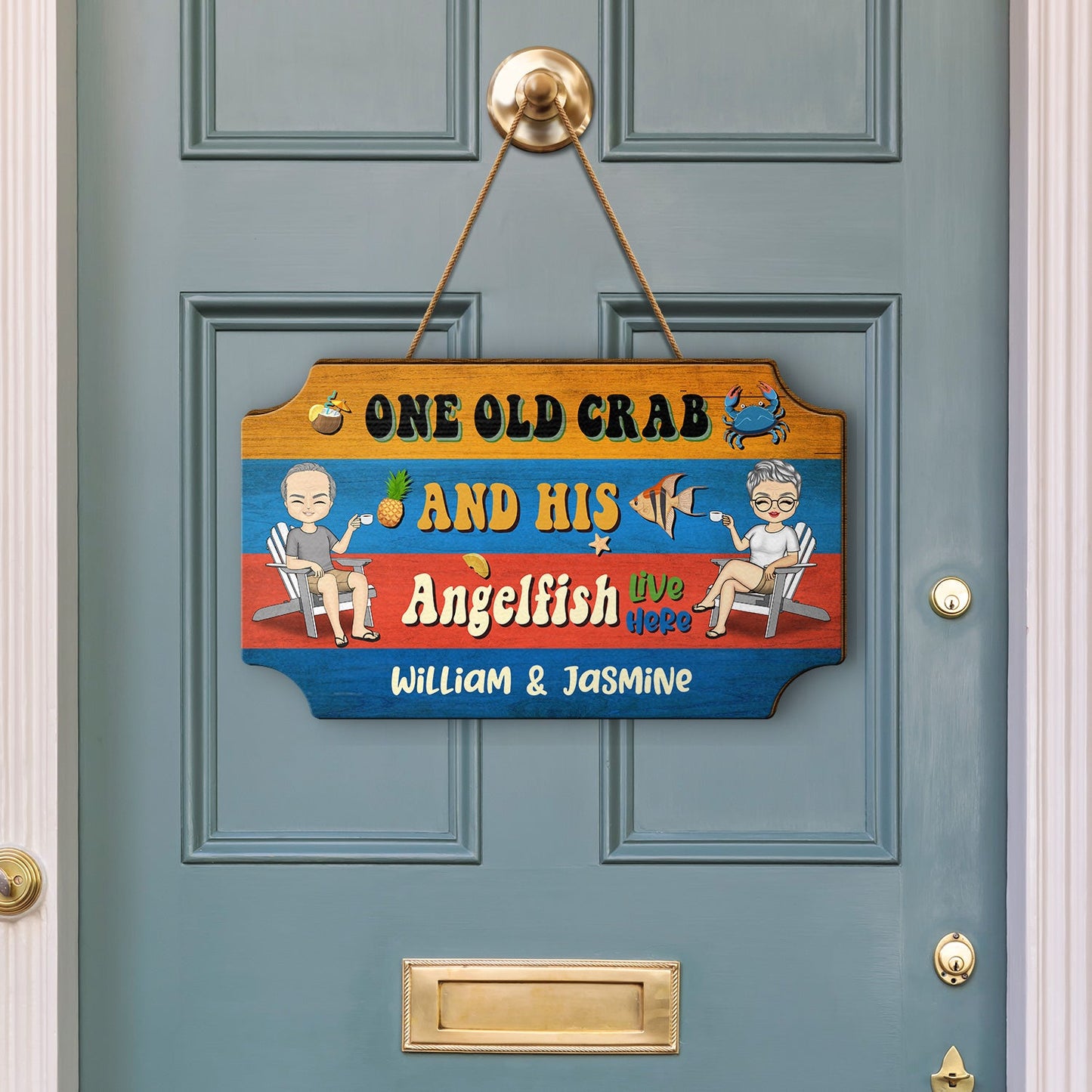 Couple Old Crab & His Angel Fish Live Here - Gift For Couple - Personalized Custom Shaped Wood Sign