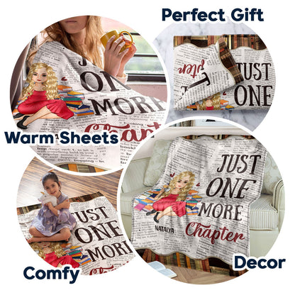 Reading Cartoon Just One More Chapter - Gift For Book Lovers - Personalized Fleece Blanket