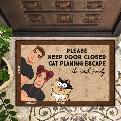 Couple & Cats Planning Escaped - Gift For Cat Couple - Personalized Doormat