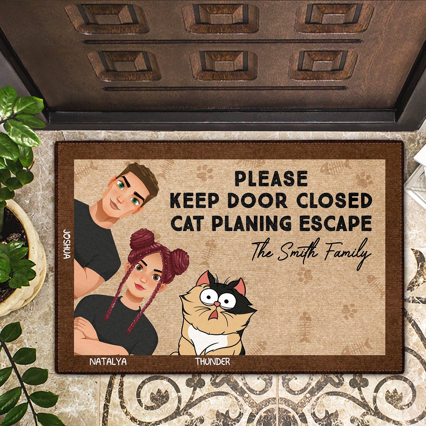 Couple & Cats Planning Escaped - Gift For Cat Couple - Personalized Doormat