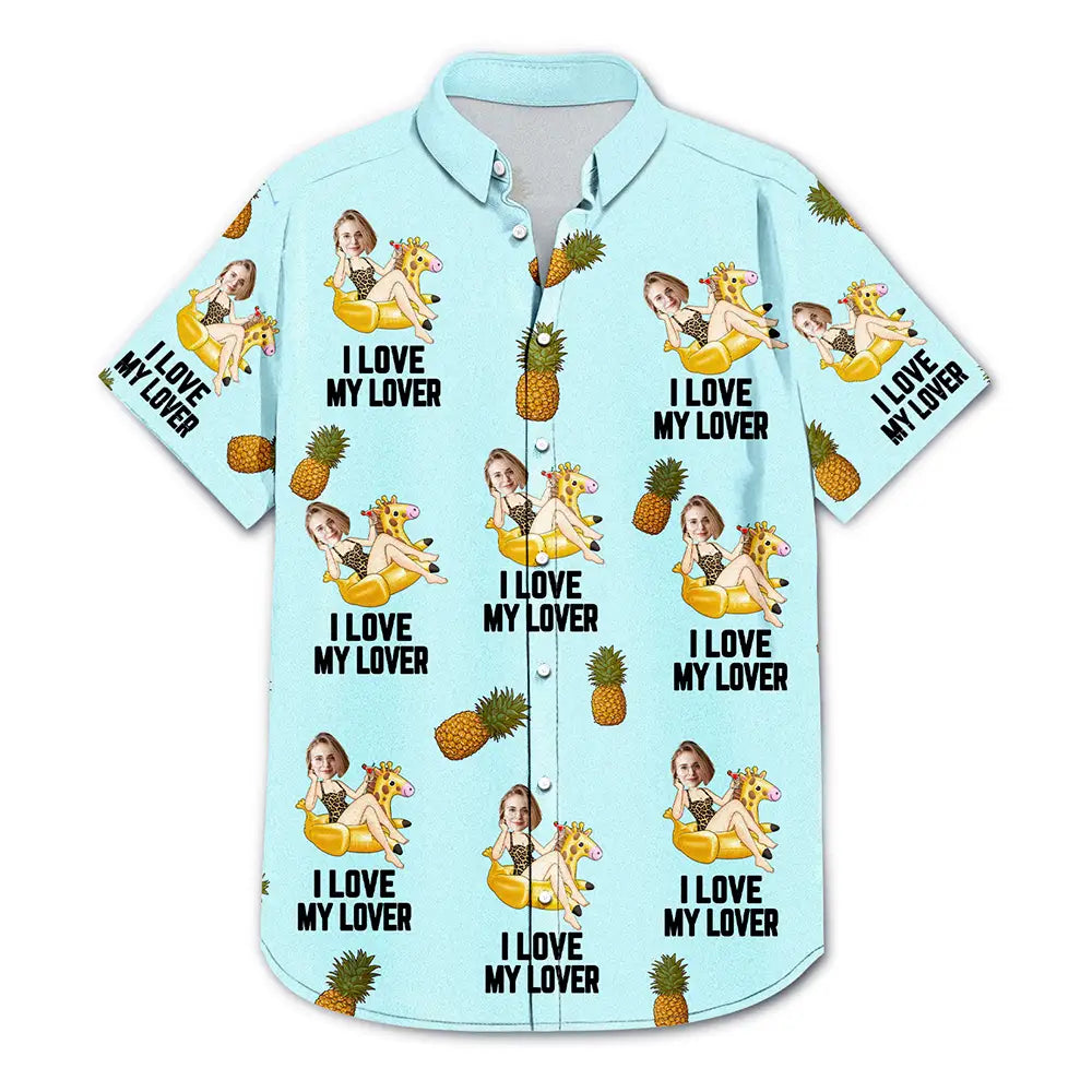 Custom Photo Funny On Flamingo I Love My Lover - Personalized Hawaiian Shirt