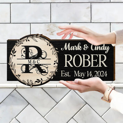 Monogram Wedding Gift Happily Married - Personalized Custom Shaped Wood Sign