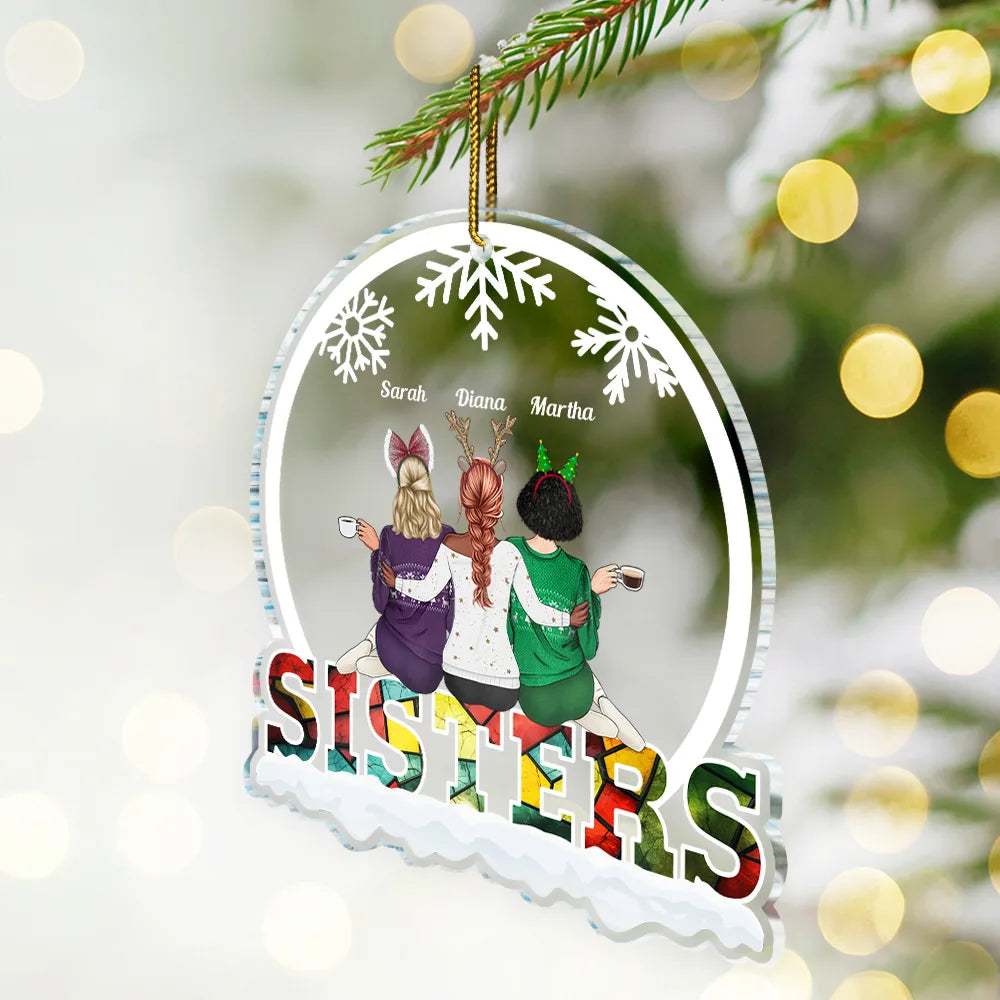 Christmas Besties Sisters Sitting Together - Personalized Custom Shaped Acrylic Ornament