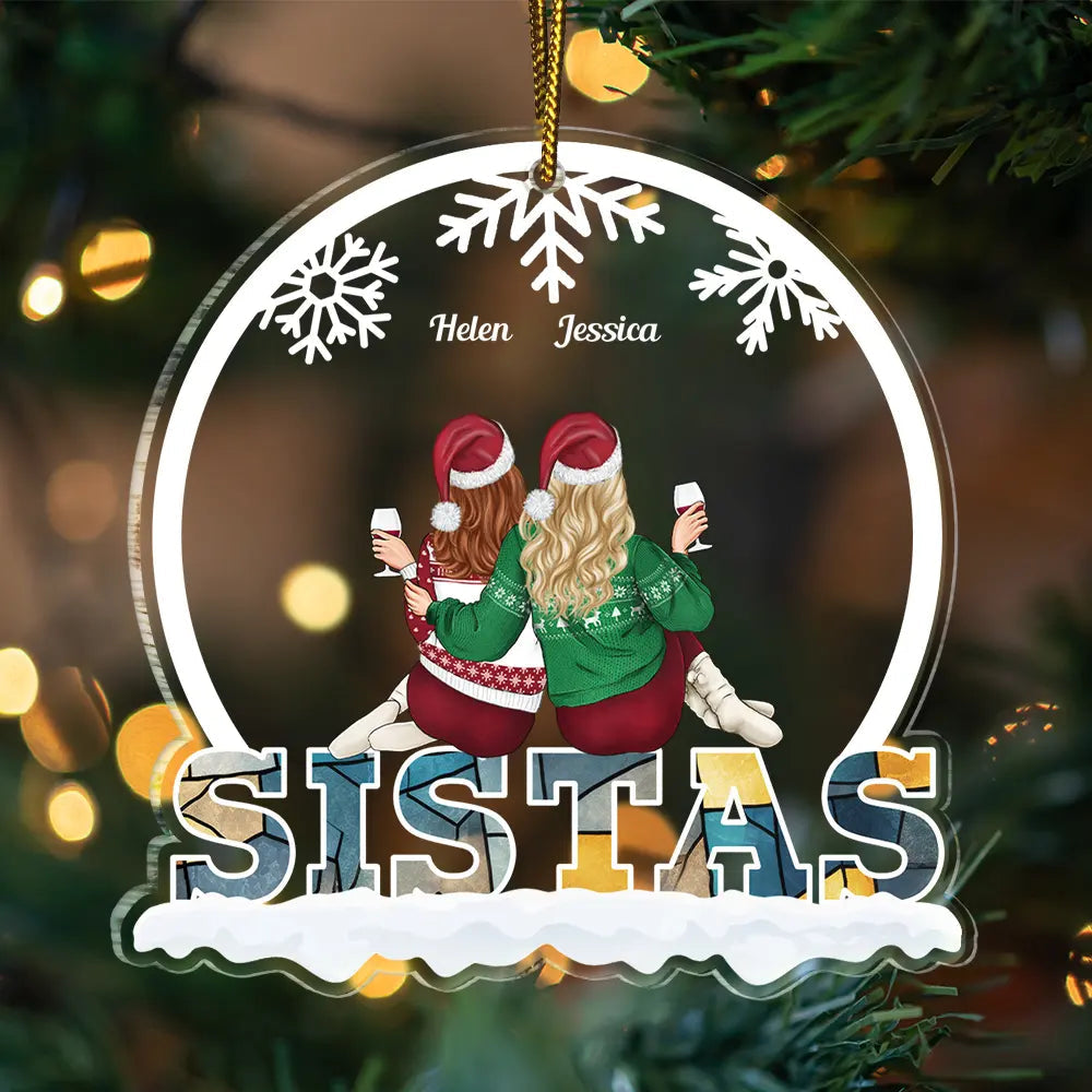 Christmas Besties Sisters Sitting Together - Personalized Custom Shaped Acrylic Ornament