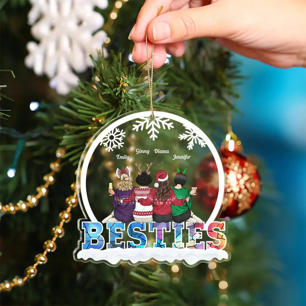 Christmas Besties Sisters Sitting Together - Personalized Custom Shaped Acrylic Ornament