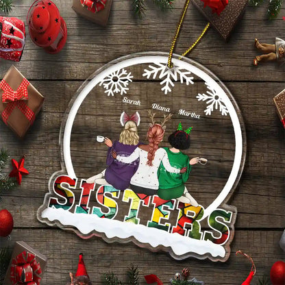 Christmas Besties Sisters Sitting Together - Personalized Custom Shaped Acrylic Ornament