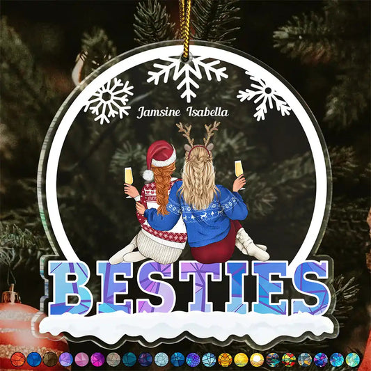 Christmas Besties Sisters Sitting Together - Personalized Custom Shaped Acrylic Ornament