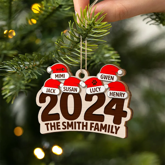 Christmas Family Name Santa Hat 2024 - Personalized 2-Layered Wooden Ornament