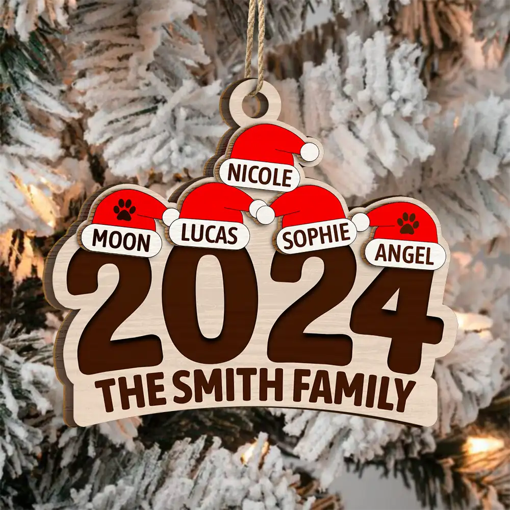 Christmas Family Name Santa Hat 2024 - Personalized 2-Layered Wooden Ornament