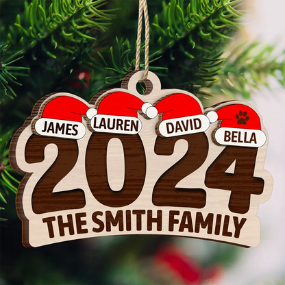 Christmas Family Name Santa Hat 2024 - Personalized 2-Layered Wooden Ornament