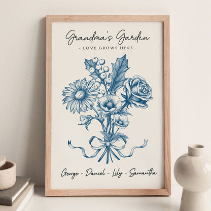Vintage Floral Grandma Garden Birth Month Flowers Bouquet With Grandkids Names Personalized Poster