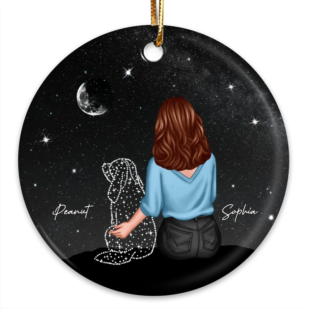 Woman And Dog Sitting Memorial Personalized Circle Ceramic Ornament