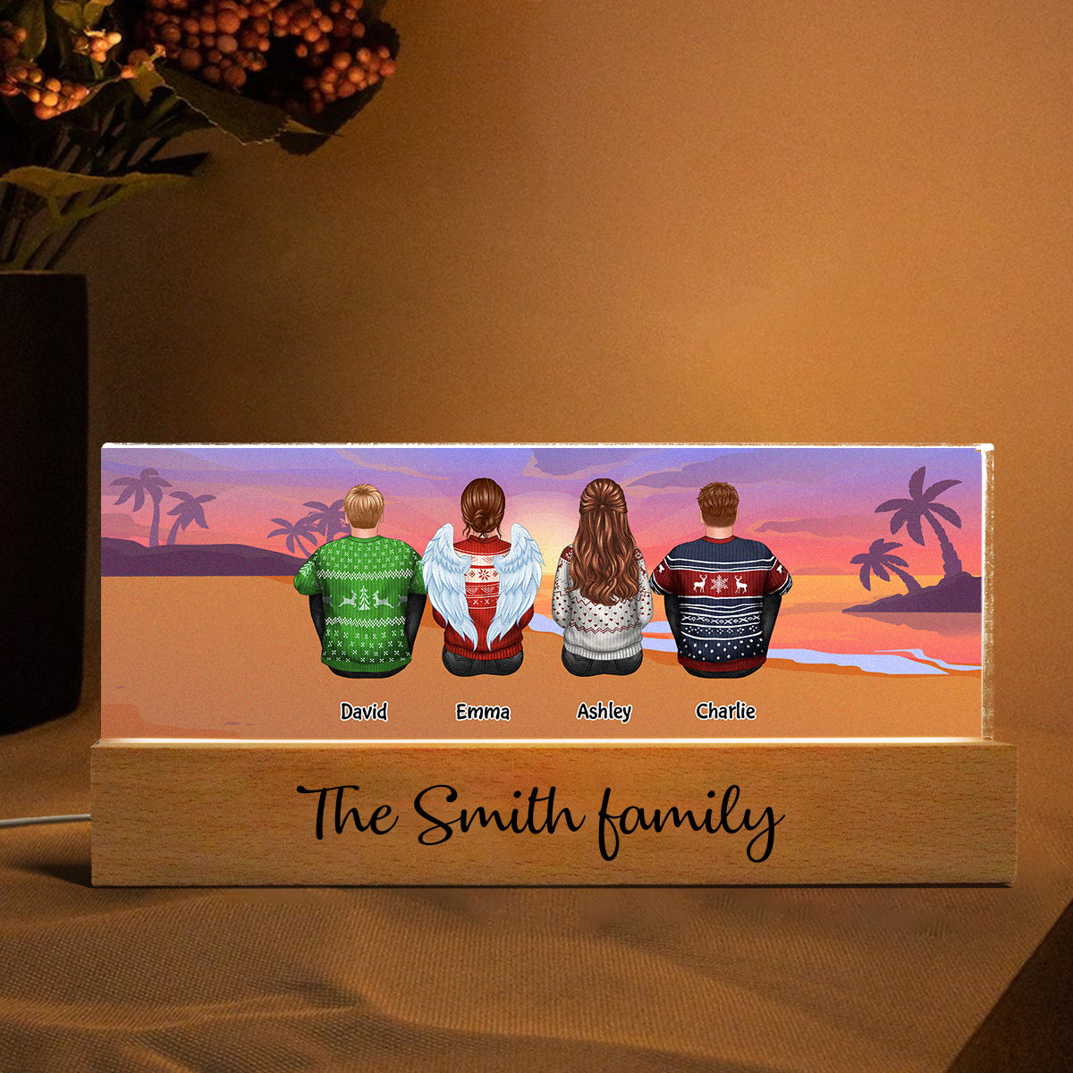 Family Sitting Back View Beach Retro Vintage Background Personaized Acrylic LED Night Light