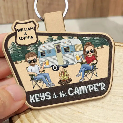 Keys To The Camper Chibi Camping Couple - Personalized Custom Shaped Leather Keychain Keychain The Next Custom Gift