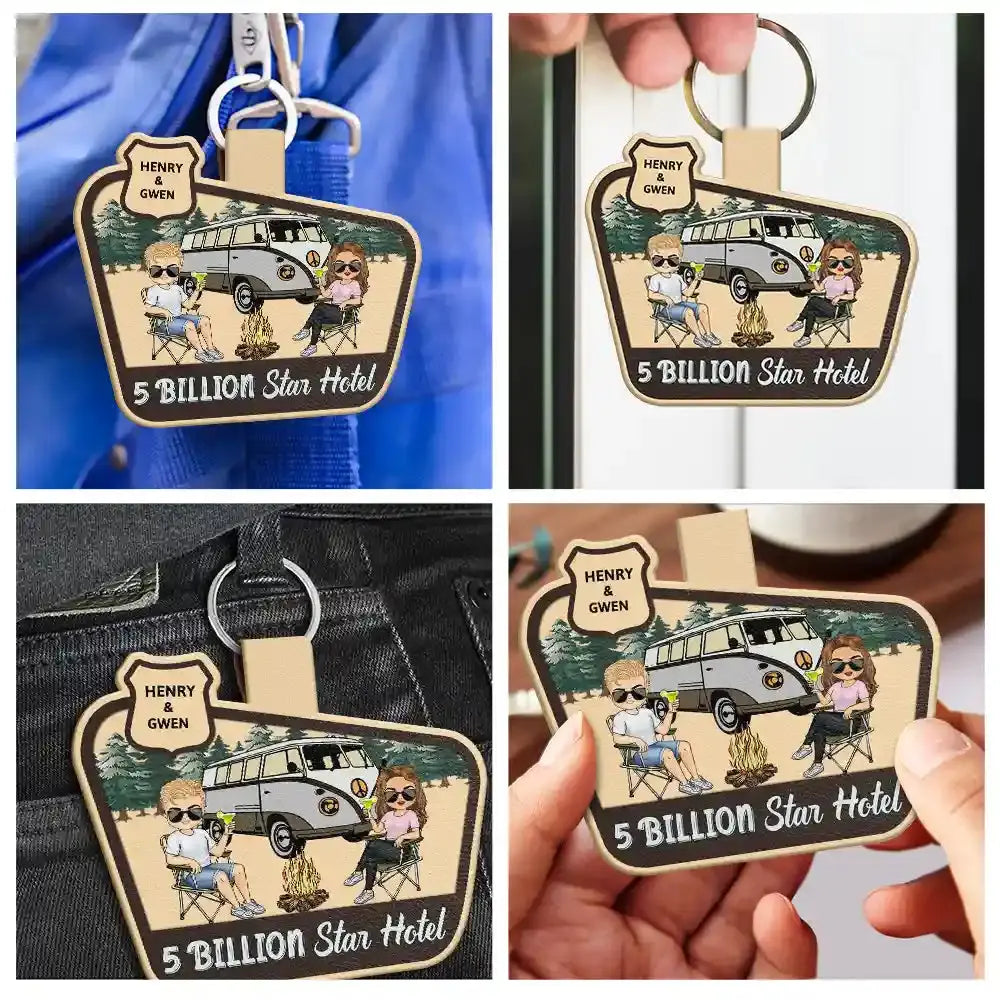 Keys To The Camper Chibi Camping Couple - Personalized Custom Shaped Leather Keychain Keychain The Next Custom Gift