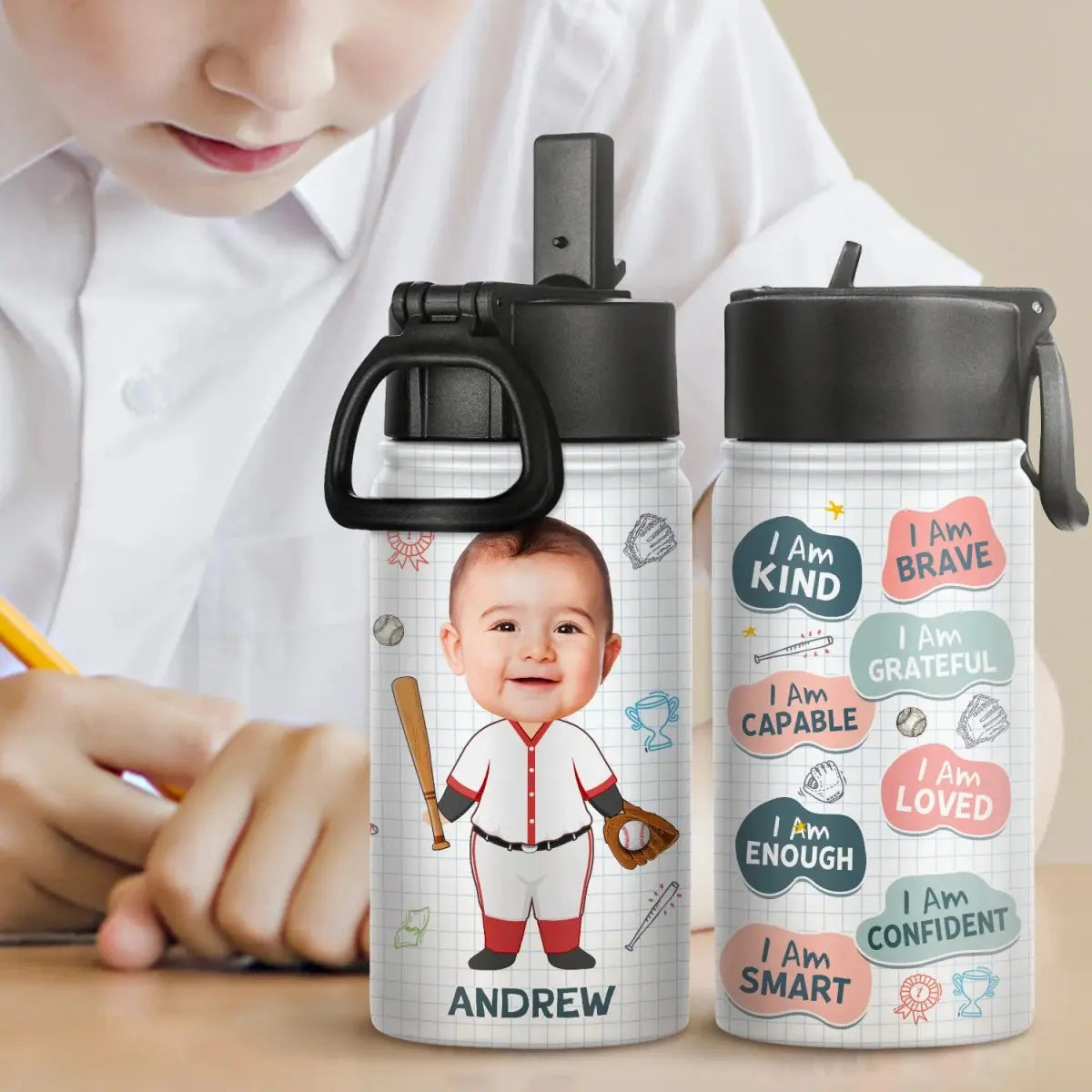 Kid - Dream Job I'm Kind Smart Brave Confident - Personalized Kids Water Bottle (HL)  The Next Custom Gift