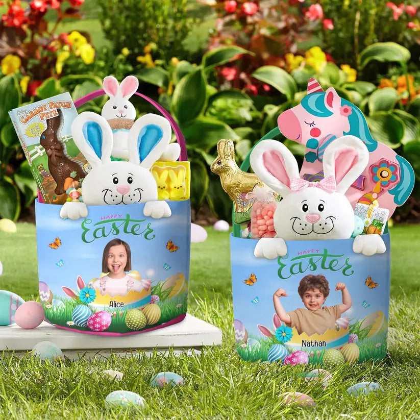 Kid - Happy Easter Kid With Easter Eggs  - Personalized Photo Easter Basket The Next Custom Gift