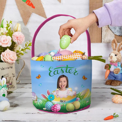 Kid - Happy Easter Kid With Easter Eggs  - Personalized Photo Easter Basket The Next Custom Gift