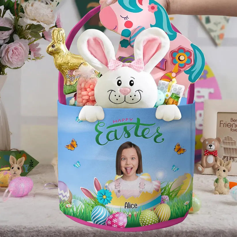 Kid - Happy Easter Kid With Easter Eggs  - Personalized Photo Easter Basket The Next Custom Gift