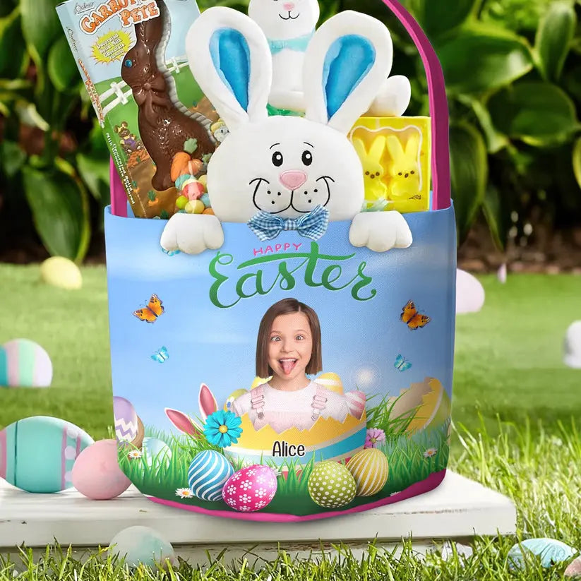 Kid - Happy Easter Kid With Easter Eggs  - Personalized Photo Easter Basket The Next Custom Gift