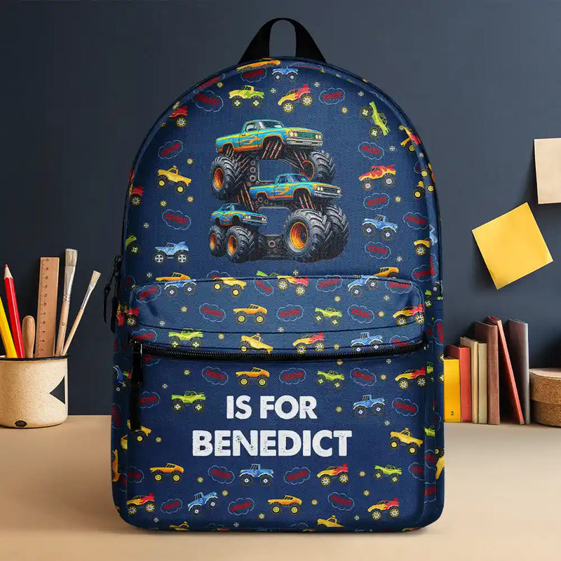 Kid Monster Truck Toy Container Monogram Initial - Personalized Canvas Backpack