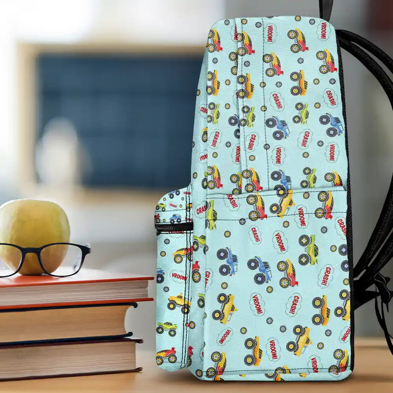 Kid Monster Truck Toy Container Monogram Initial - Personalized Canvas Backpack