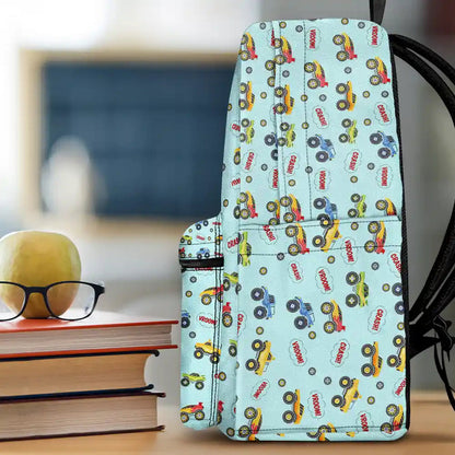 Kid Monster Truck Toy Container Monogram Initial - Personalized Canvas Backpack