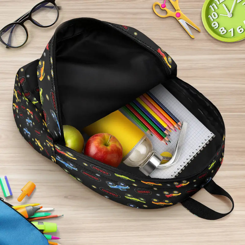 Kid Monster Truck Toy Container Monogram Initial - Personalized Canvas Backpack