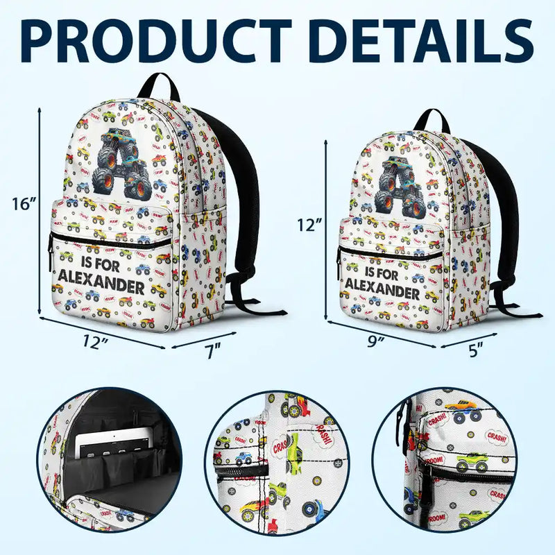 Kid Monster Truck Toy Container Monogram Initial - Personalized Canvas Backpack