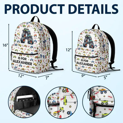 Kid Monster Truck Toy Container Monogram Initial - Personalized Canvas Backpack