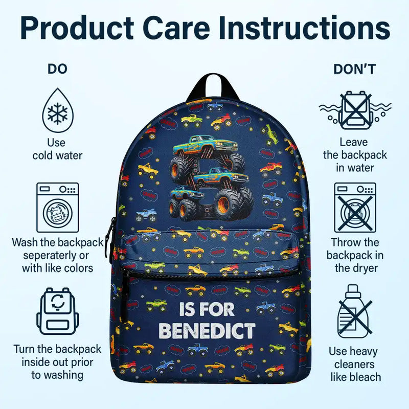 Kid Monster Truck Toy Container Monogram Initial - Personalized Canvas Backpack