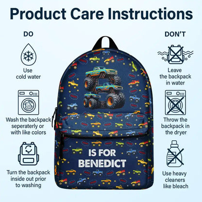 Kid Monster Truck Toy Container Monogram Initial - Personalized Canvas Backpack