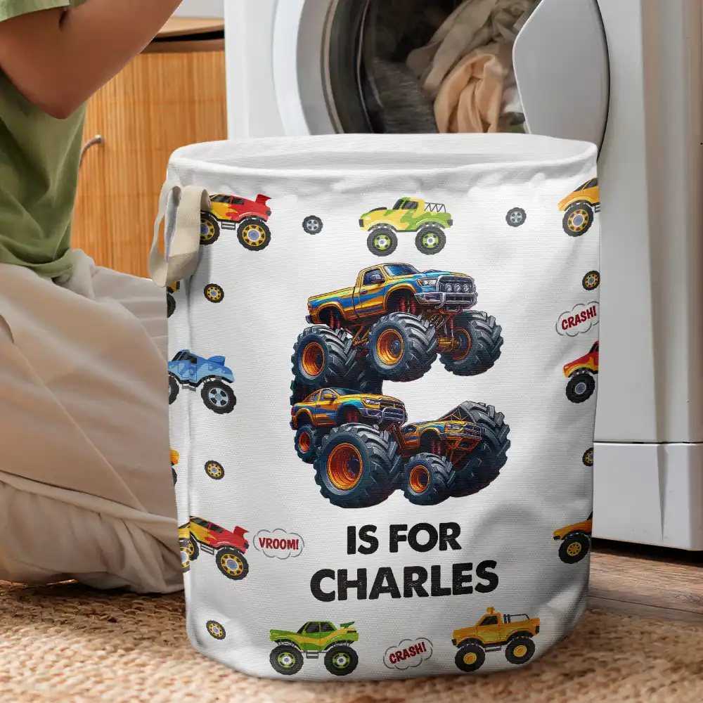Kid Monster Truck Toy Container Monogram Initial - Personalized Laundry Basket, Storage Basket