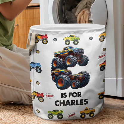 Kid Monster Truck Toy Container Monogram Initial - Personalized Laundry Basket, Storage Basket