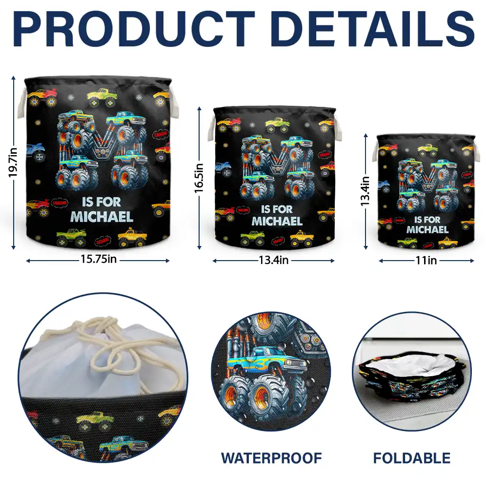 Kid Monster Truck Toy Container Monogram Initial - Personalized Laundry Basket, Storage Basket