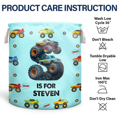 Kid Monster Truck Toy Container Monogram Initial - Personalized Laundry Basket, Storage Basket