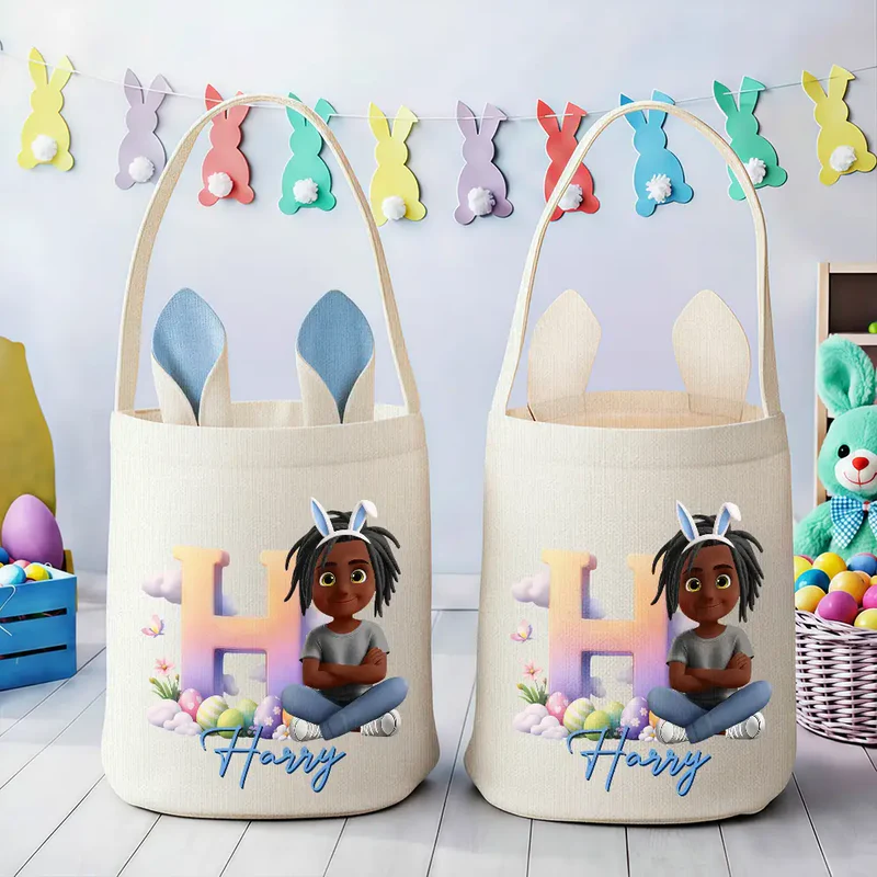 Kids Sitting With Easter Alphabet Letters - Personalized Bunny Ears Bucket Bag