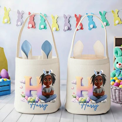 Kids Sitting With Easter Alphabet Letters - Personalized Bunny Ears Bucket Bag