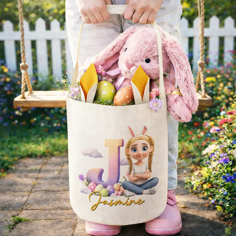 Kids Sitting With Easter Alphabet Letters - Personalized Bunny Ears Bucket Bag
