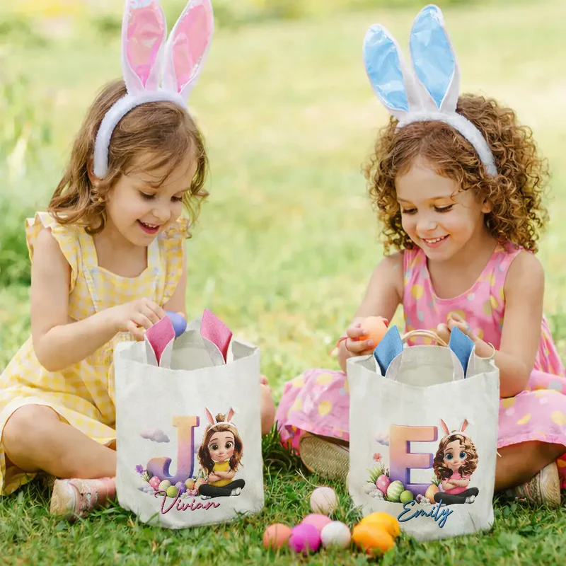 Kids Sitting With Easter Alphabet Letters - Personalized Bunny Ears Bucket Bag