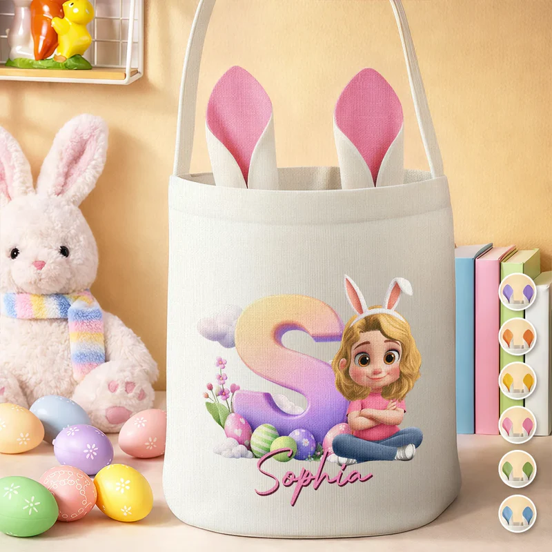Kids Sitting With Easter Alphabet Letters - Personalized Bunny Ears Bucket Bag