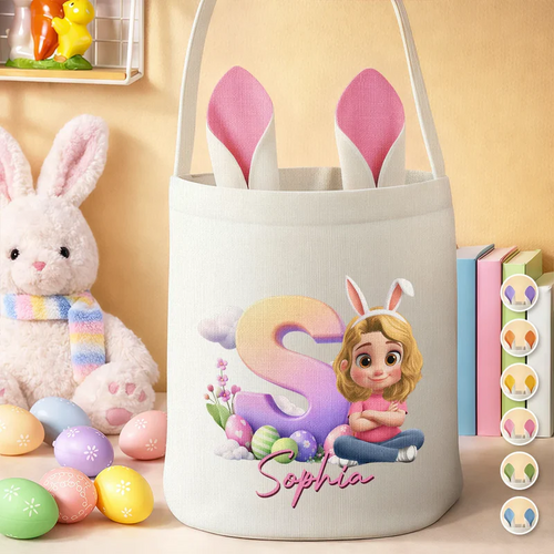 Kids Sitting With Easter Alphabet Letters - Personalized Bunny Ears Bucket Bag