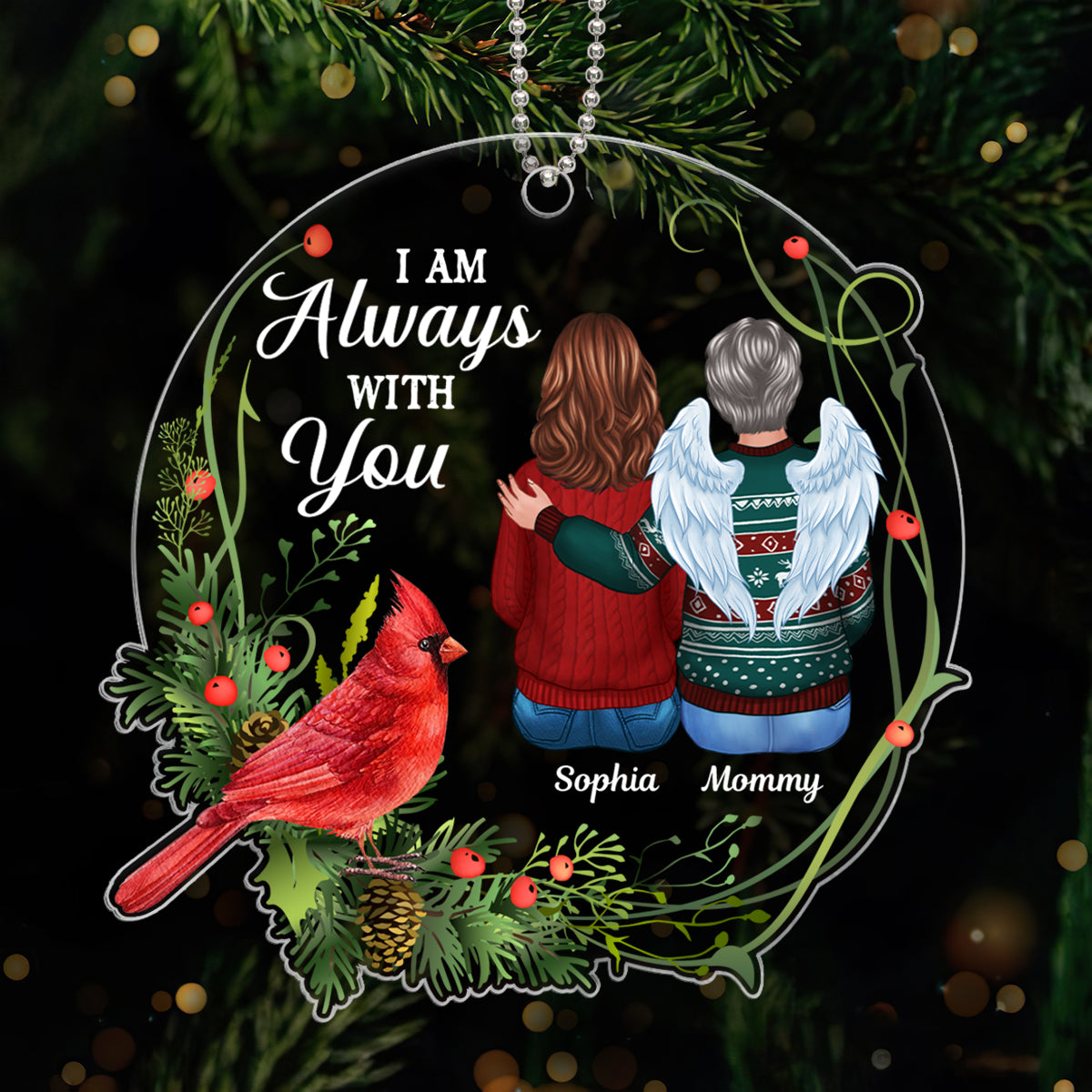 Always With You Cardinal Wreath Remembrance Memorial Keepsake Christmas Personalized Acrylic Ornament