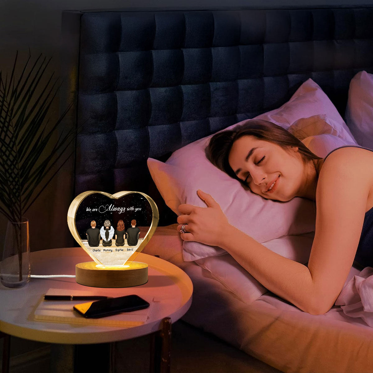 Always With You Sky Family Members, Memorial Personalized Premium Crystal Heart LED, Sympathy Gift, Free Delivery Included