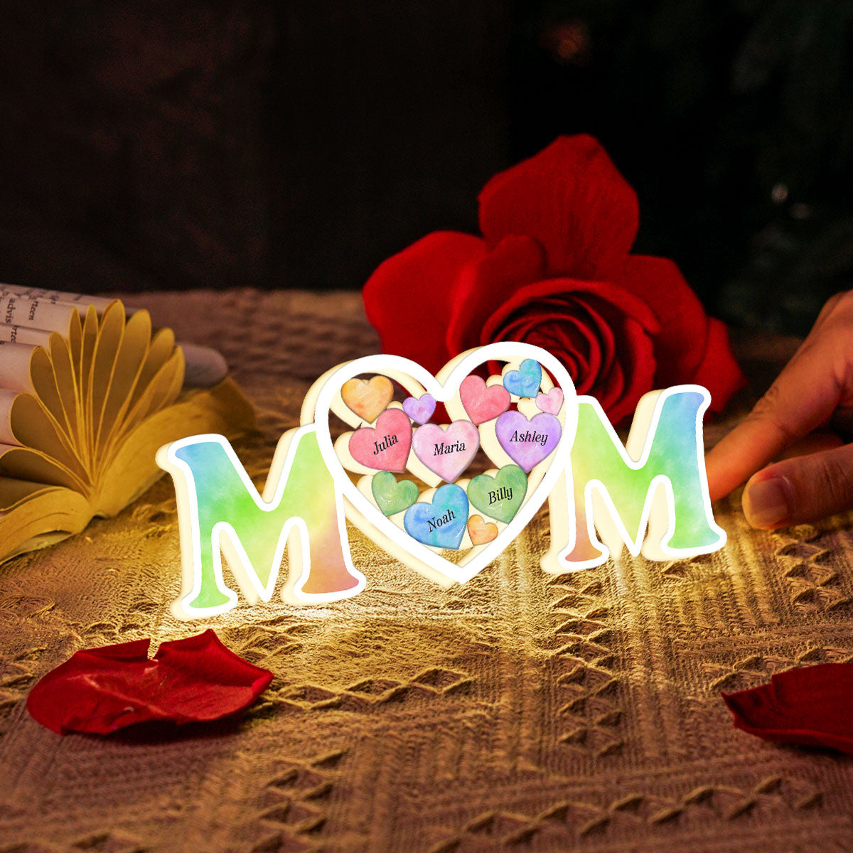 MOM Colorful Hearts In Heart Personalized Light Box, Mother's Day gift for Mom