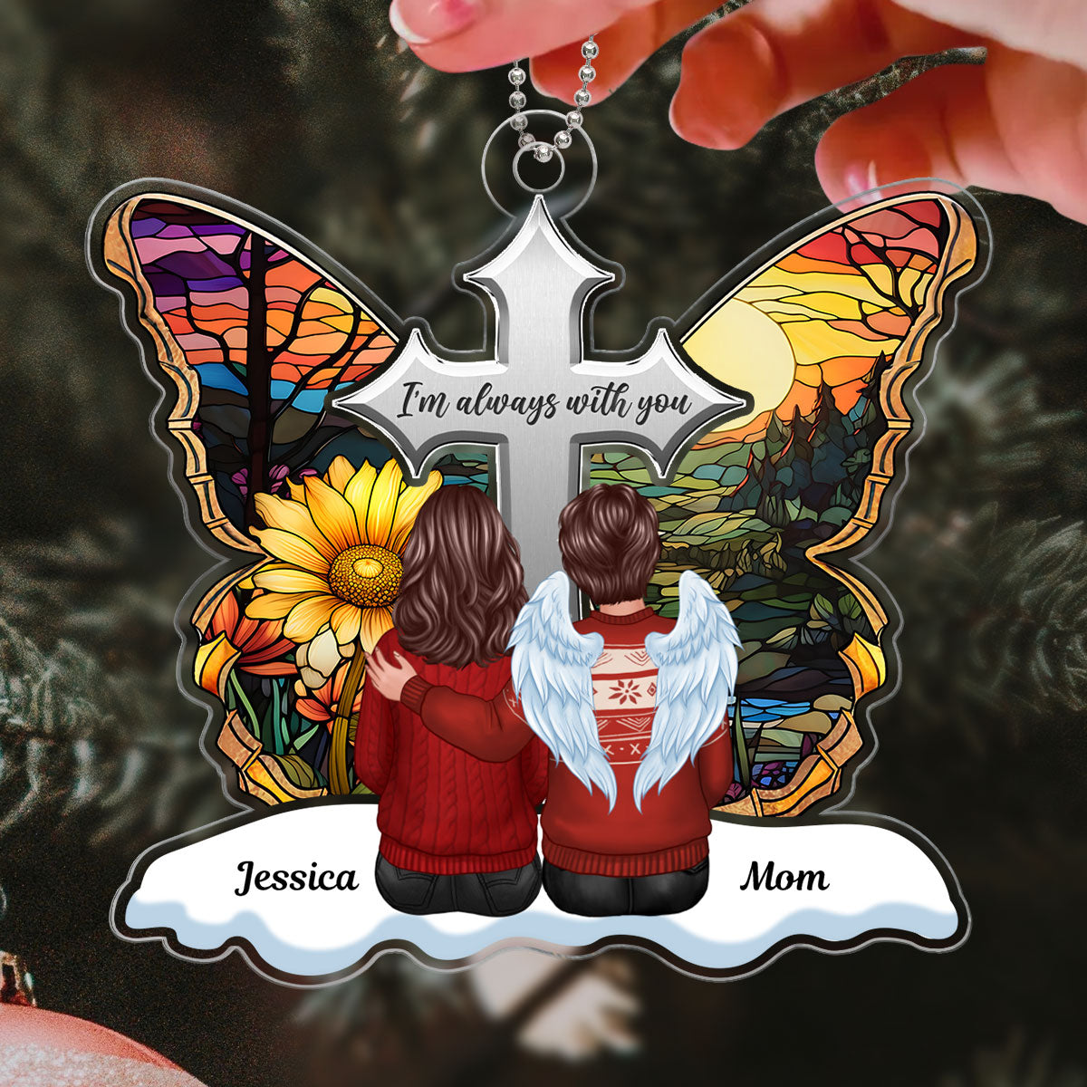 Stained Glass Cross Butterfly Family Sitting Memorial Keepsake Personalized Acrylic Ornament