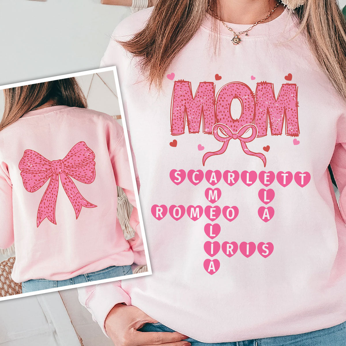 Grandma Nana Mimi Pink Coquette Crossword Puzzle  Gift Personalized Double Sided Sweatshirt